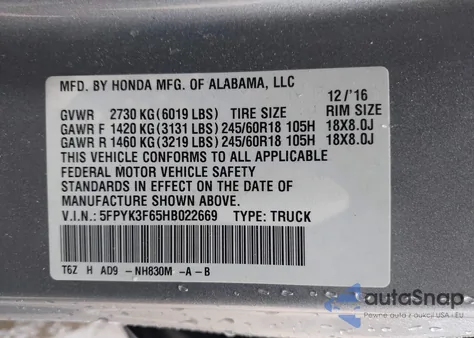 2017 Honda Ridgeline Rtl-T из США, поврежденный, VIN 5FPYK3F65HB022669